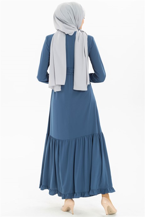 Beyza-Ruffled Belted Indigo Modest Dress 3M5093