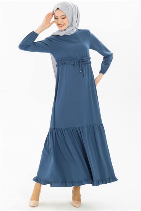 Beyza-Ruffled Belted Indigo Modest Dress 3M5093
