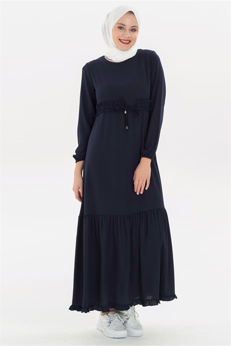 Beyza-Fırfırlı Kemerli Lacivert Tesettür Elbise 5093-1
