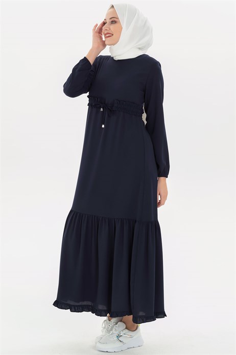 Beyza-Ruffled Belted Navy Blue Modest Dress 3M5093