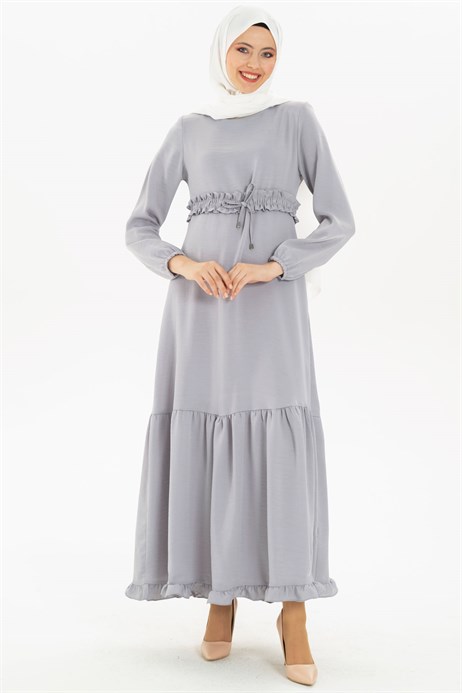 Ruffled Belted Satin Grey Modest Dress 3M5093