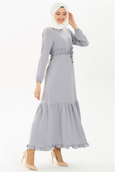Beyza-Ruffled Belted Satin Grey Modest Dress 3M5093