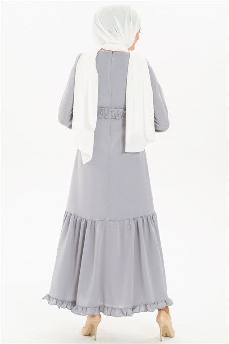Beyza-Ruffled Belted Satin Grey Modest Dress 3M5093