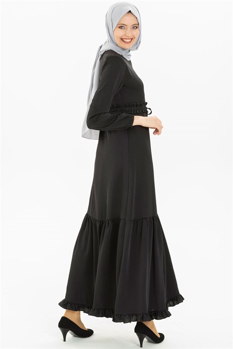 Beyza-Ruffled Belted Satin Black Modest Dress 3M5093