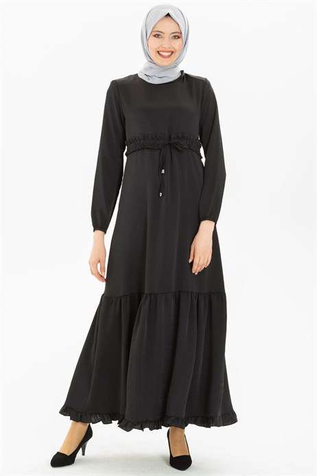 Beyza-Ruffled Belted Satin Black Modest Dress 3M5093
