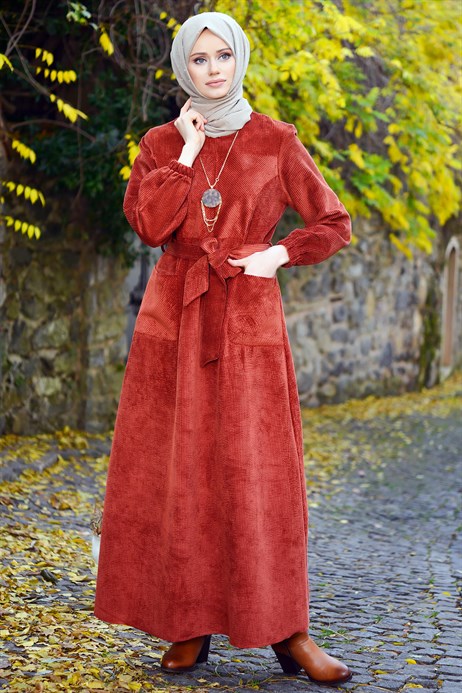 Beyza-Corduroy Brick Color Winter Dress 3M5107