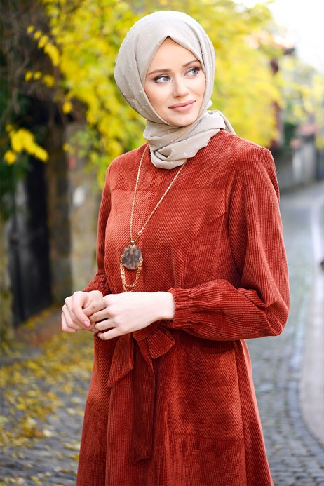 Beyza-Fitilli Kadife Kiremit Kışlık Elbise 5107