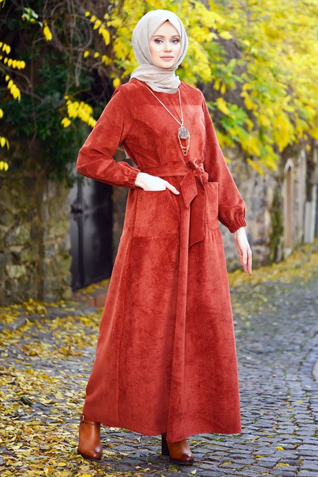Beyza-Corduroy Brick Color Winter Dress 3M5107
