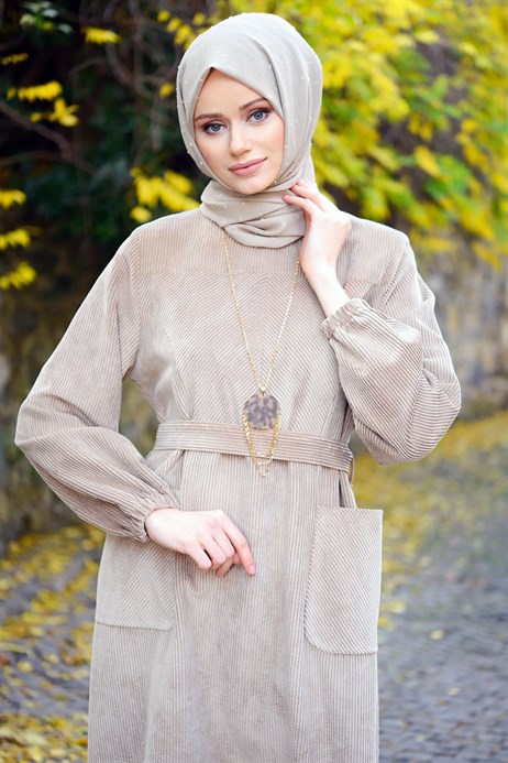Beyza-Fitilli Kadife Vizon Kışlık Elbise 5107
