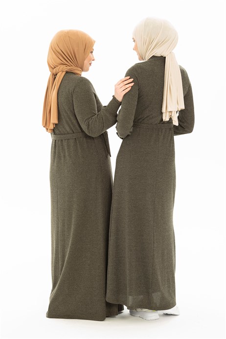 Beyza-Fitilli Triko Örme Haki Kışlık Elbise 3M5223
