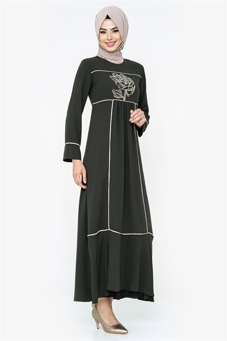 Beyza-Rose Ornamented Khaki Modest Dress