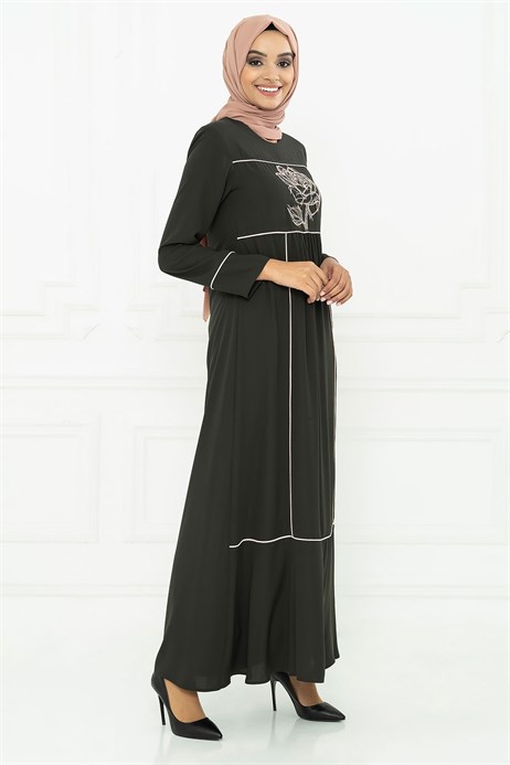 Beyza-Rose Ornamented Khaki Modest Dress 5015