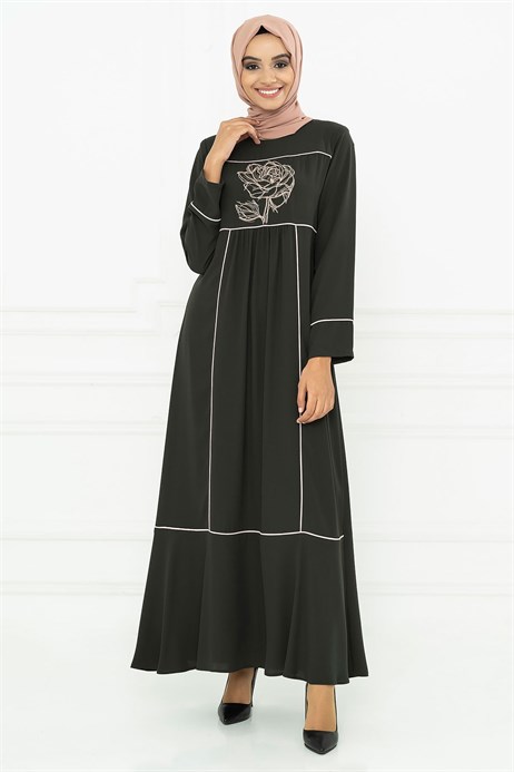 Beyza-Rose Ornamented Khaki Modest Dress 5015