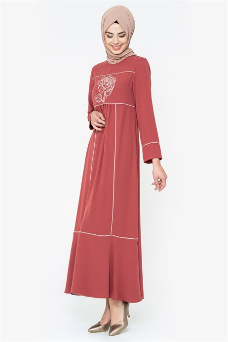 Beyza-Rose Ornamented Brick Color Modest Dress