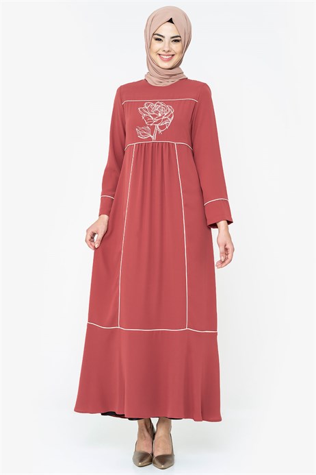 Rose Ornamented Brick Color Modest Dress