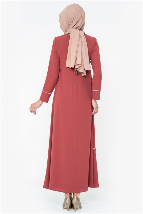 Beyza-Rose Ornamented Brick Color Modest Dress