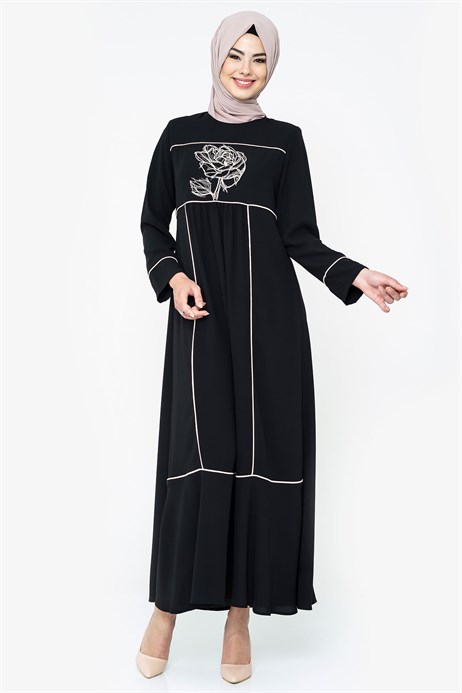 Rose Ornamented Black Modest Dress