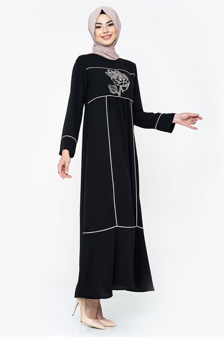Beyza-Gül Nakışlı Siyah Tesettür Elbise 5015