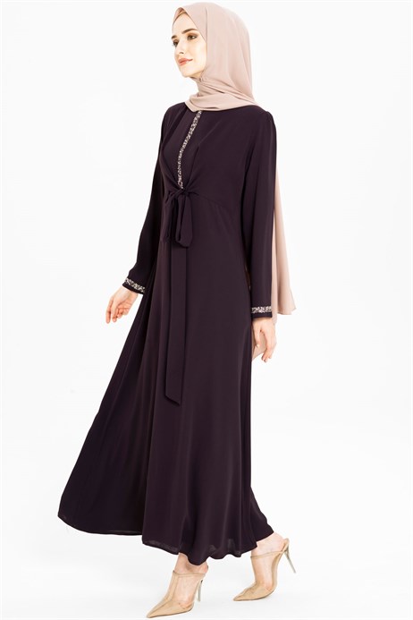 Beyza-Silver Color Gemmed Purple Modest Evening Dress