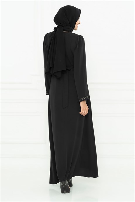 Beyza-Silver Color Gemmed Black Modest Evening Dress 3M5065