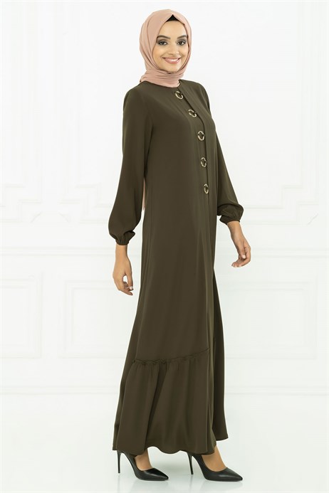 Beyza-Hoop Detailed Khaki Modest Evening Dress 5139