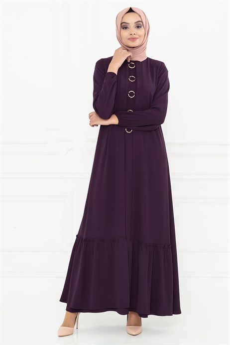 Hoop Detailed Damson Modest Evening Dress 5139