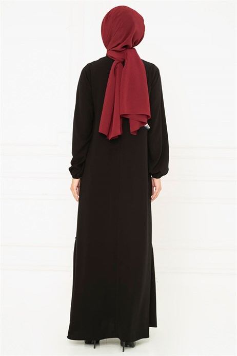 Beyza-Hoop Detailed Black Modest Evening Dress 3M5139