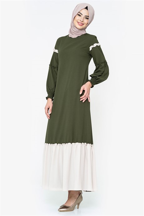 Beyza-İki Renkli Haki Tesettür Elbise 5101