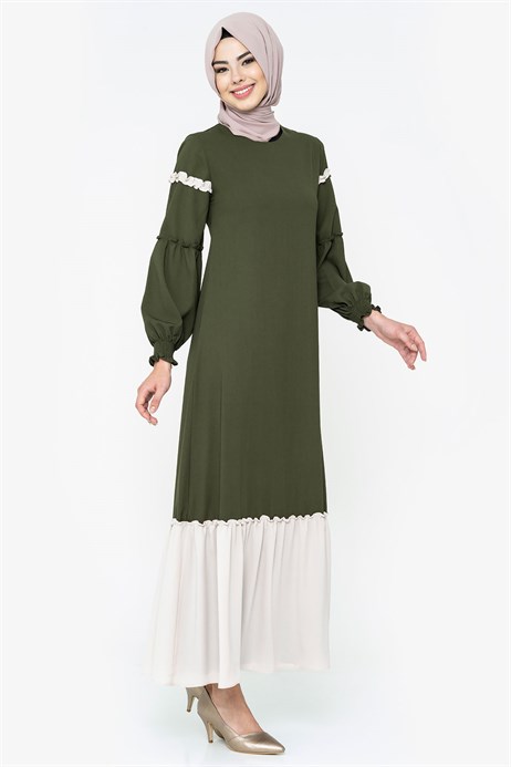 Beyza-Two-colored Khaki Modest Dress