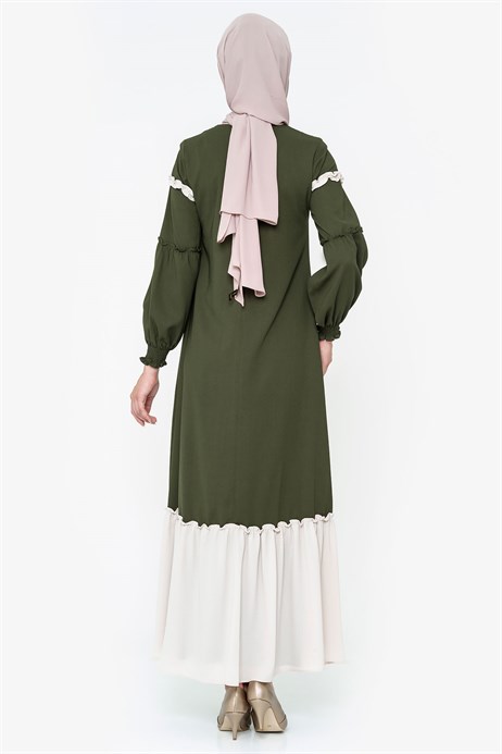 Beyza-İki Renkli Haki Tesettür Elbise 5101