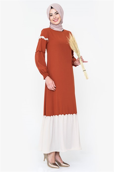 Beyza-İki Renkli Tarçın Tesettür Elbise 5101