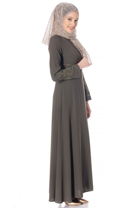 Beyza-Canvas Ornamented Khaki Modest Dress