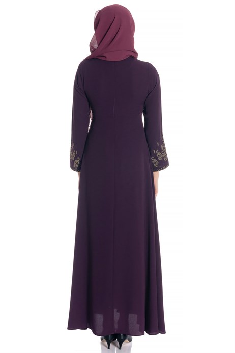 Beyza-Canvas Ornamented Purple Modest Dress