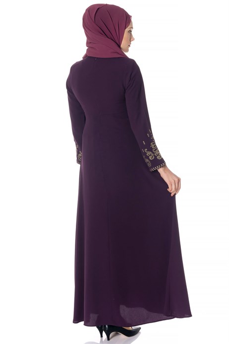 Beyza-Canvas Ornamented Purple Modest Dress