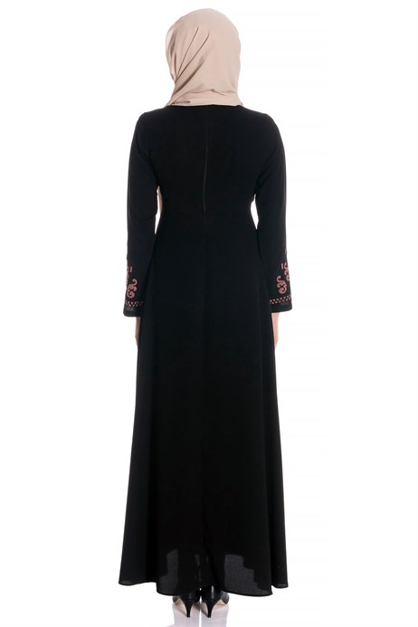 Beyza-Canvas Ornamented Black Modest Dress