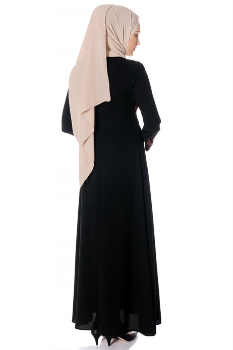Beyza-Canvas Ornamented Black Modest Dress