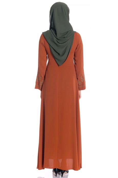 Beyza-Canvas Ornamented Cinnamon Modest Dress