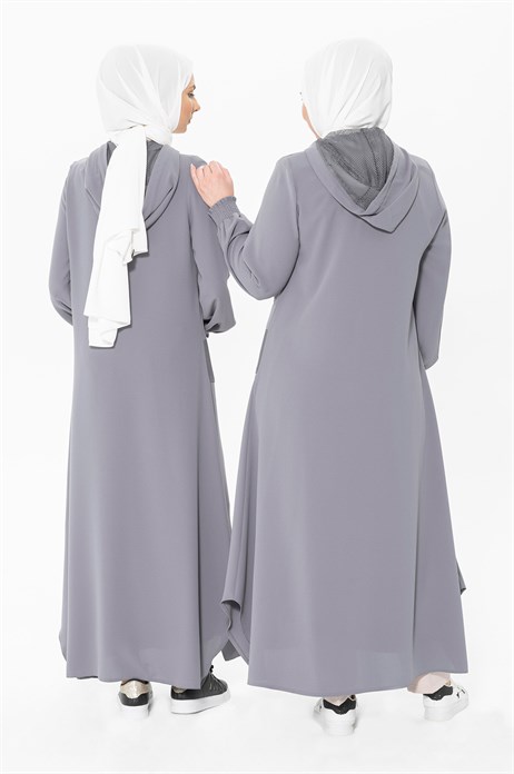 Beyza-Hooded Grey Abaya with Mesh Detail 3290
