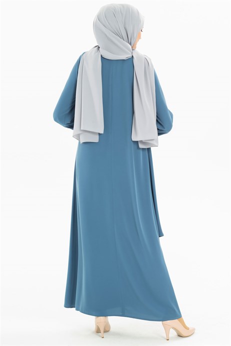 Beyza-Layer Detailed Indigo Modest Dress 3M5155