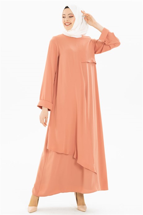 Beyza-Kat Detaylı Pudra Tesettür Elbise 35155