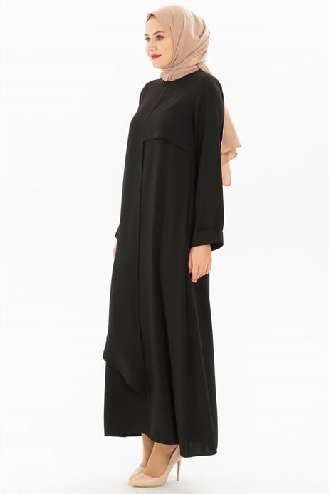 Beyza-Layer Detailed Black Modest Dress 3M5155