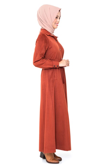 Beyza-Belted Brick Color Winter Abaya with Gripper