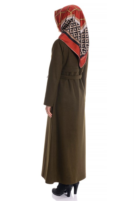 Beyza-Belted Khaki Long Cachet Coat