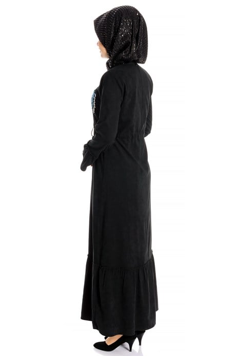 Beyza-Belted Black Suede Modest Dress