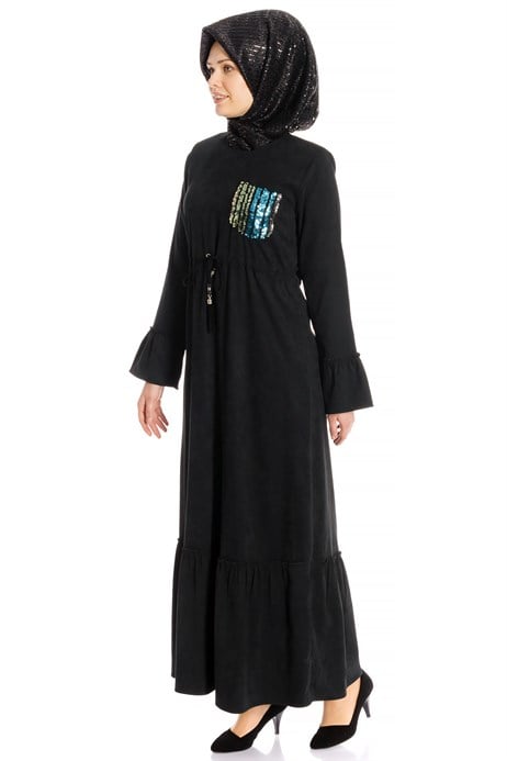 Beyza-Belted Black Suede Modest Dress