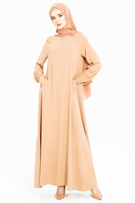 Beyza-Linen Texture Plain Beige Dress 3M5203