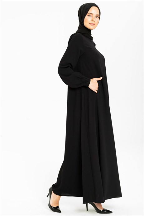 Beyza-Linen Texture Plain Black Dress 3M5203