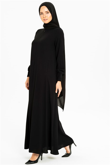 Beyza-Linen Texture Plain Black Dress 3M5203