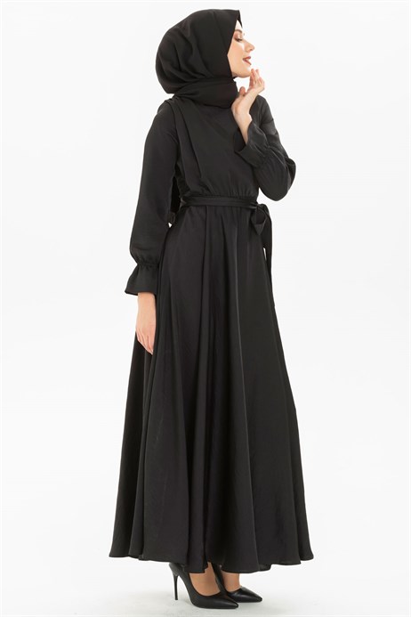 Beyza-Flared Black Modest Dress 3M5214