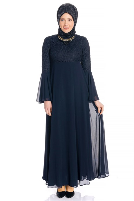 Beyza-Necklace Laced Navy Blue Modest Evening Dress